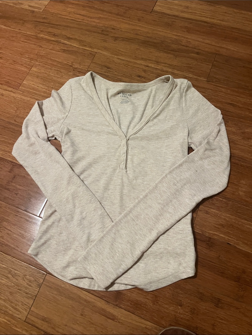 American Eagle Outfitters Beige Ribbed Long-Sleeve Henley Top